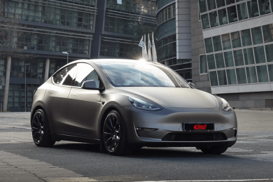 Tesla Model Y with Eibach lowering springs and wheel spacers