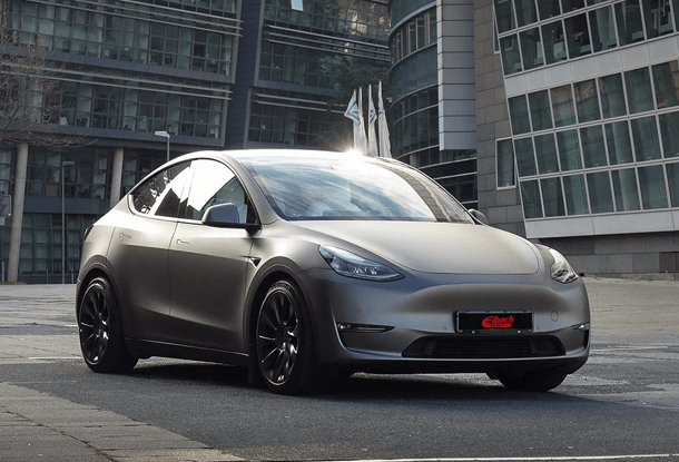 Tesla Model Y with Eibach lowering springs and wheel spacers